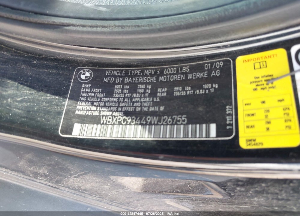 2009 BMW X3 VIN: WBXPC93449WJ26755