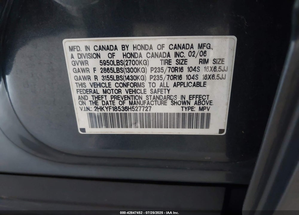 2006 HONDA PILOT VIN: 2HKYF18536H527727