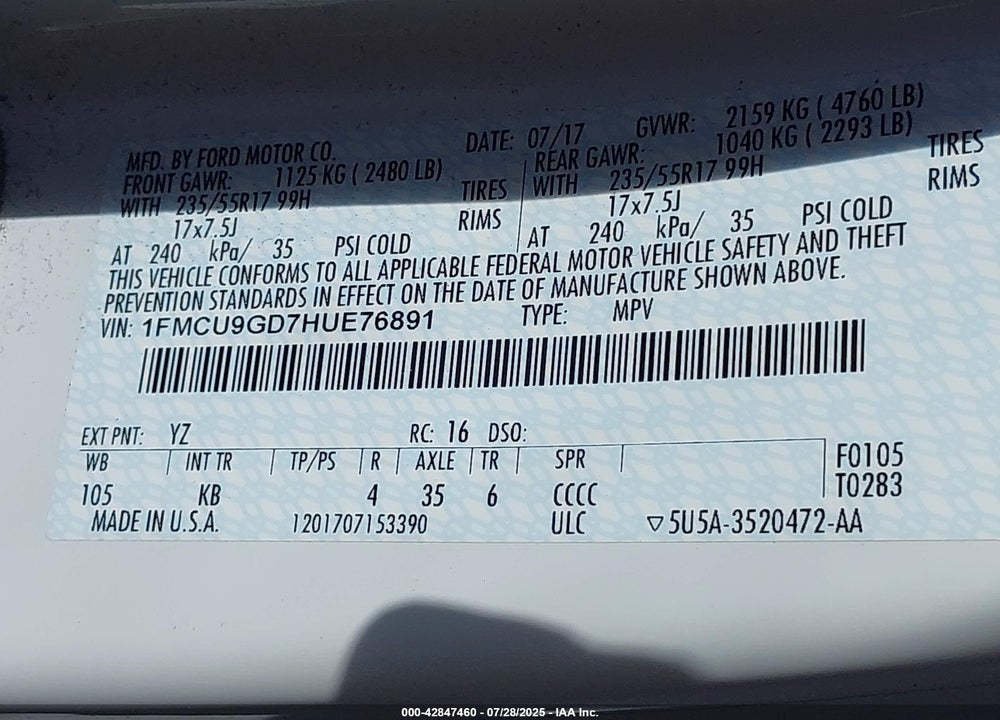 2017 FORD ESCAPE SE VIN: 1FMCU9GD7HUE76891