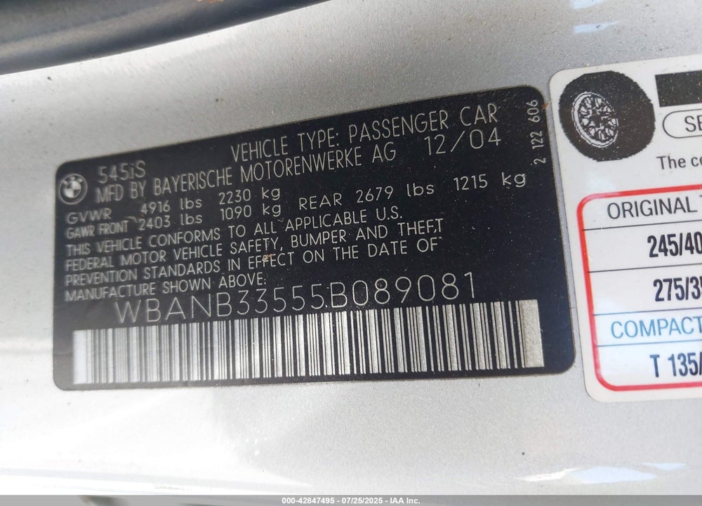 2005 BMW 545I VIN: WBANB33555B089081