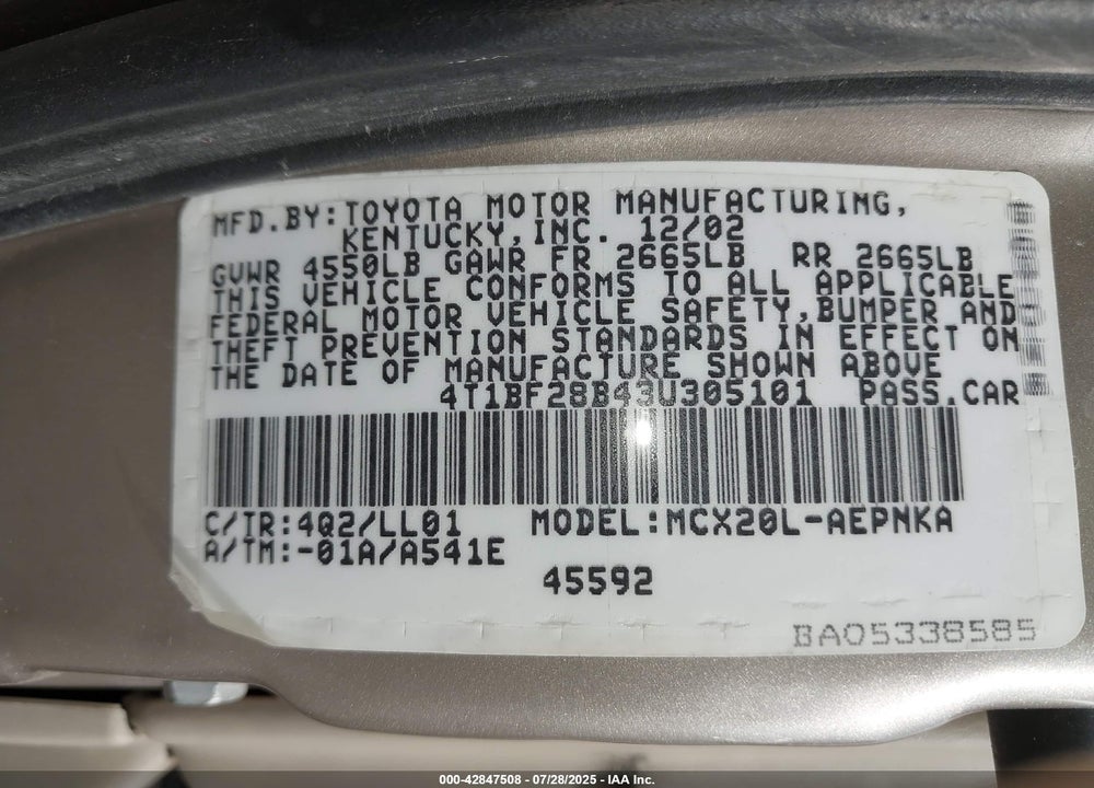 2003 TOYOTA AVALON XL VIN: 4T1BF28B43U305101