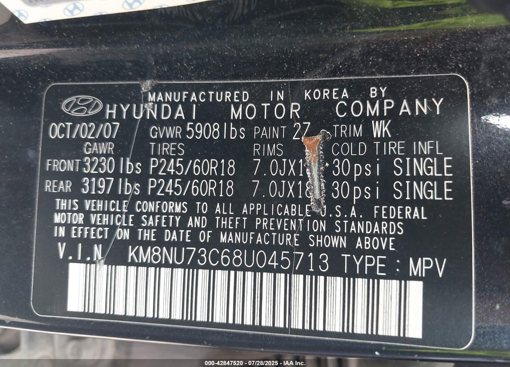 2008 HYUNDAI VERACRUZ VIN: KM8NU73C68U045713