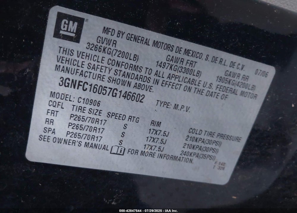 2007 CHEVROLET SUBURBAN 1500 VIN: 3GNFC16057G146602