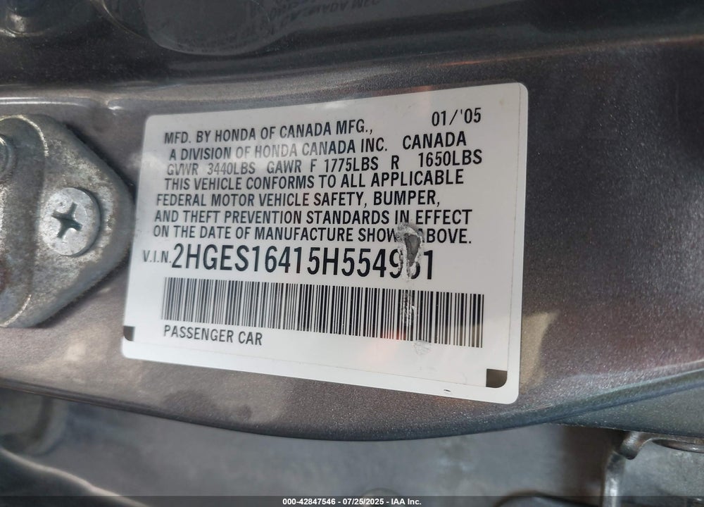 2005 HONDA CIVIC VIN: 2HGES16415H554961