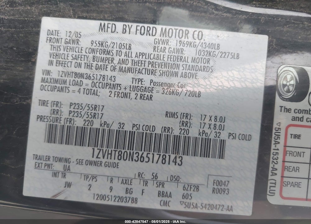 2006 FORD MUSTANG VIN: 1ZVHT80N365178143