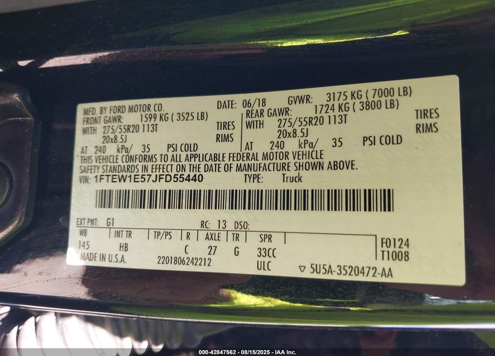 2018 FORD F-150 VIN: 1FTEW1E57JFD55440
