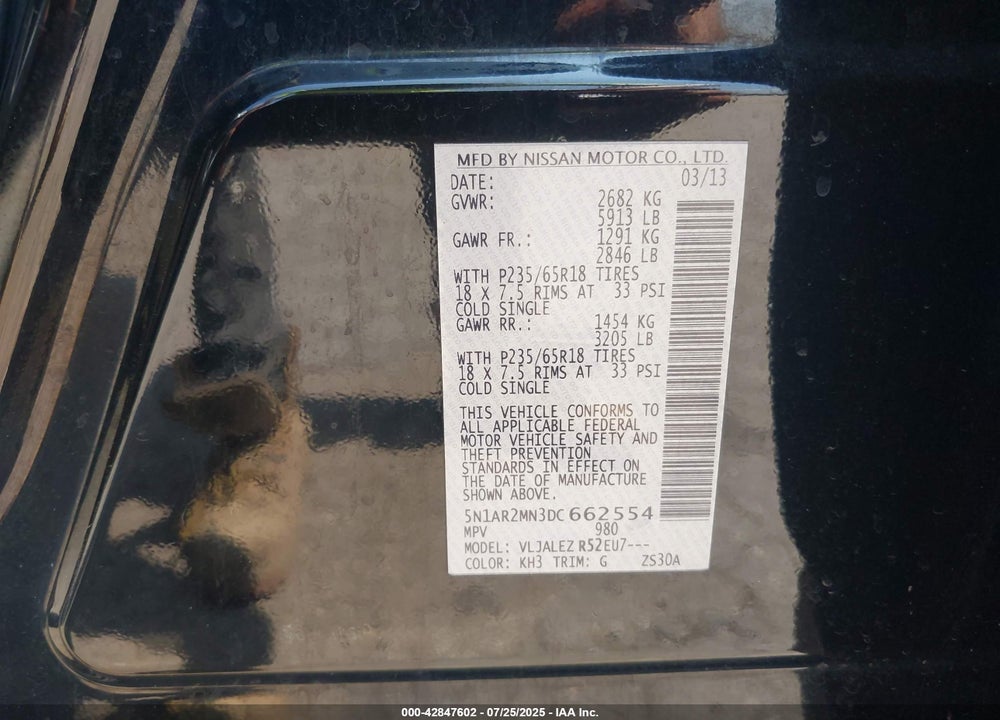 2013 NISSAN PATHFINDER VIN: 5N1AR2MN3DC662554