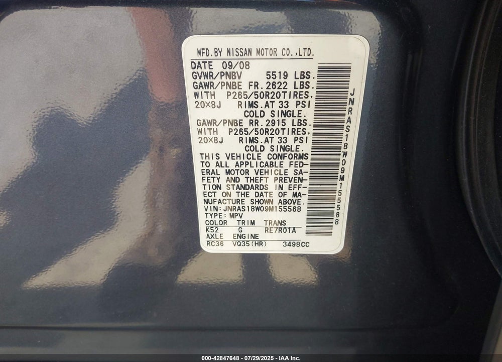 2009 INFINITI FX35 VIN: JNRAS18W09M155568