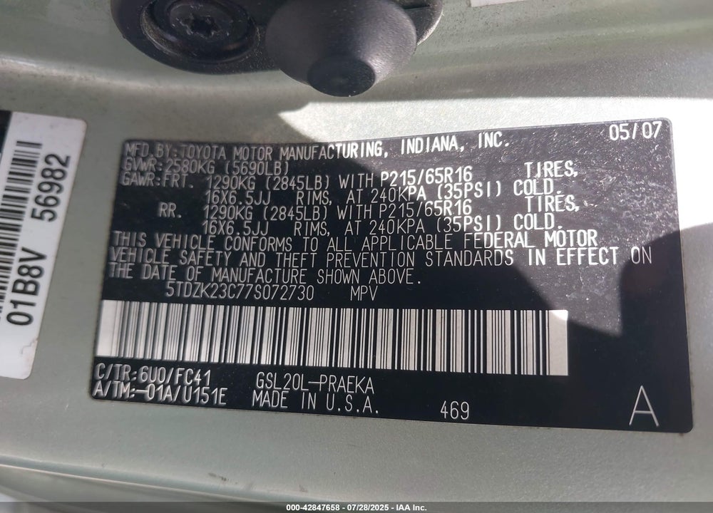 2007 TOYOTA SIENNA LE VIN: 5TDZK23C77S072730