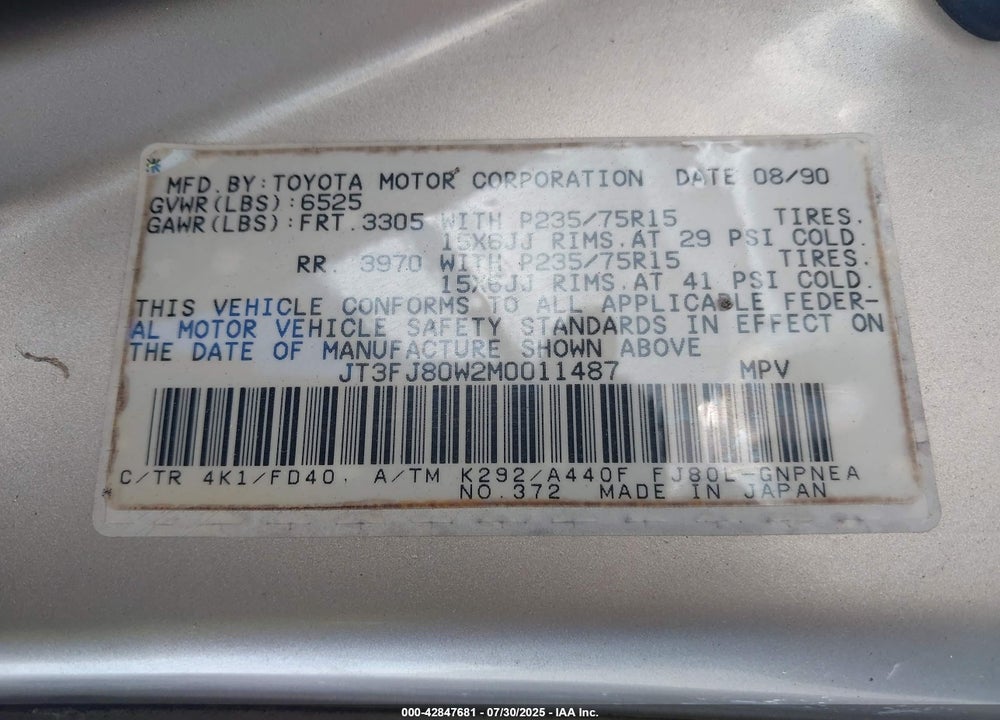 1991 TOYOTA LAND CRUISER VIN: JT3FJ80W2M0011487