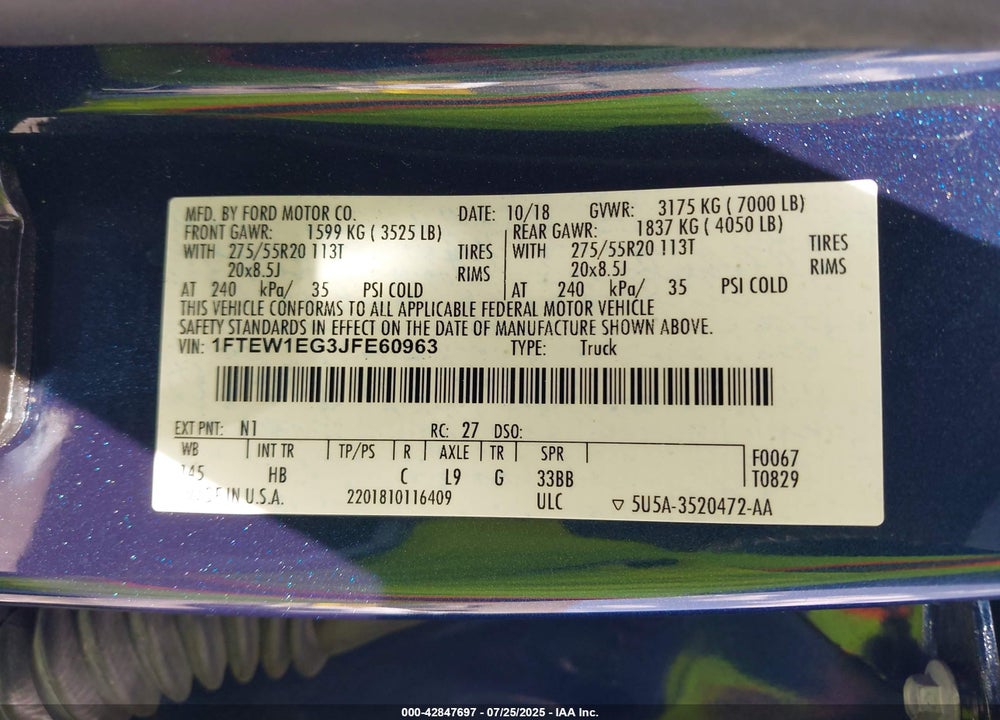 2018 FORD F-150 VIN: 1FTEW1EG3JFE60963