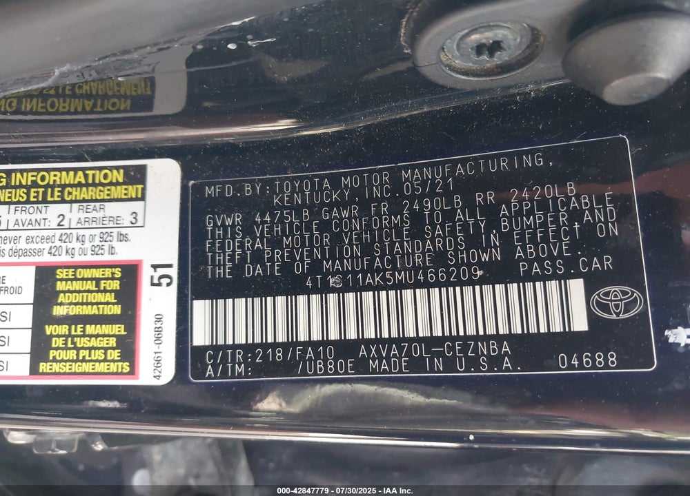 2021 TOYOTA CAMRY LE VIN: 4T1C11AK5MU466209