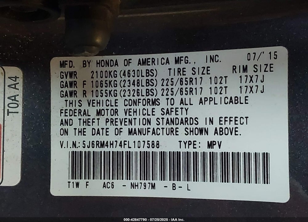 2015 HONDA CR-V EX-L VIN: 5J6RM4H74FL107588