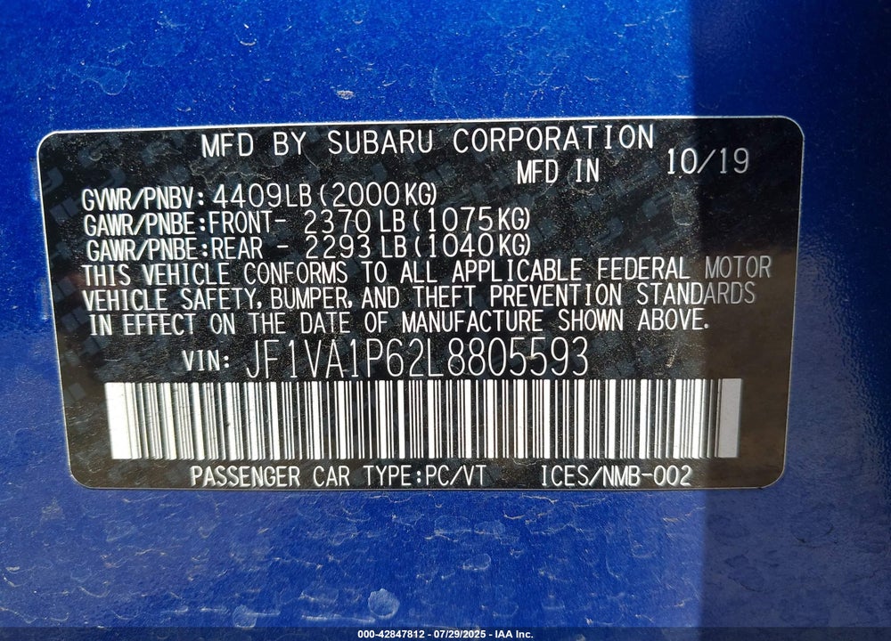 2020 SUBARU WRX VIN: JF1VA1P62L8805593