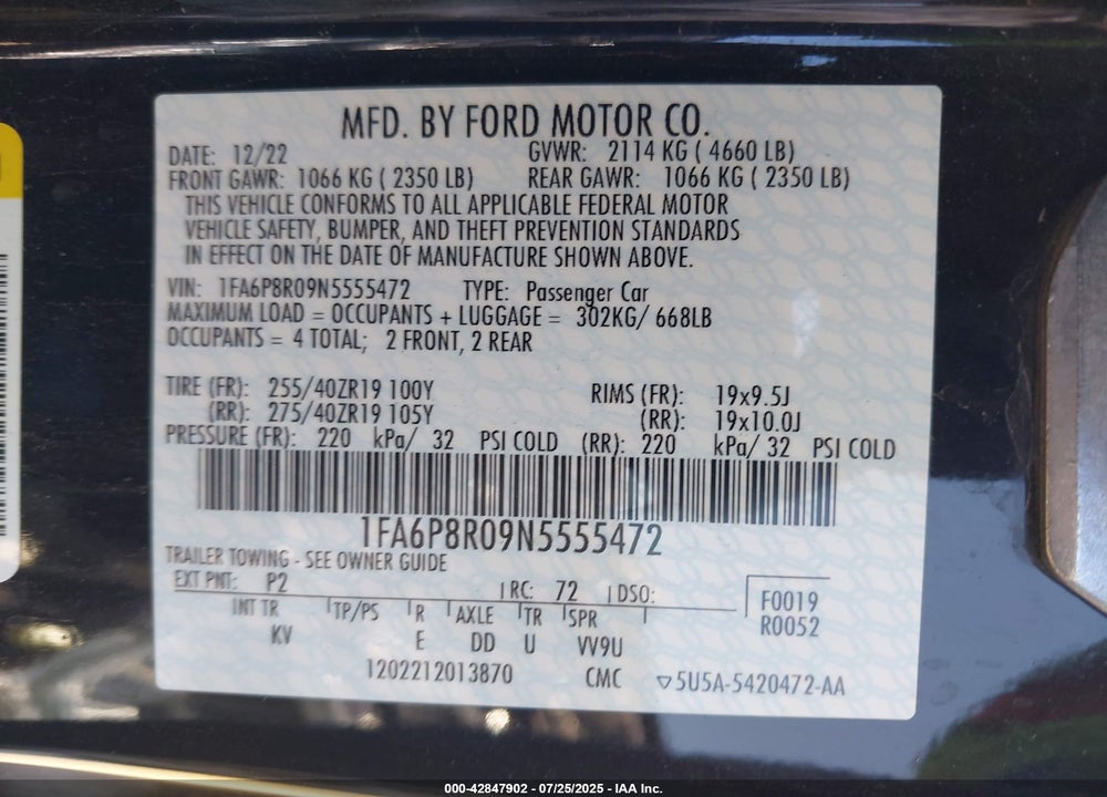 2022 FORD MUSTANG VIN: 1FA6P8R09N5555472