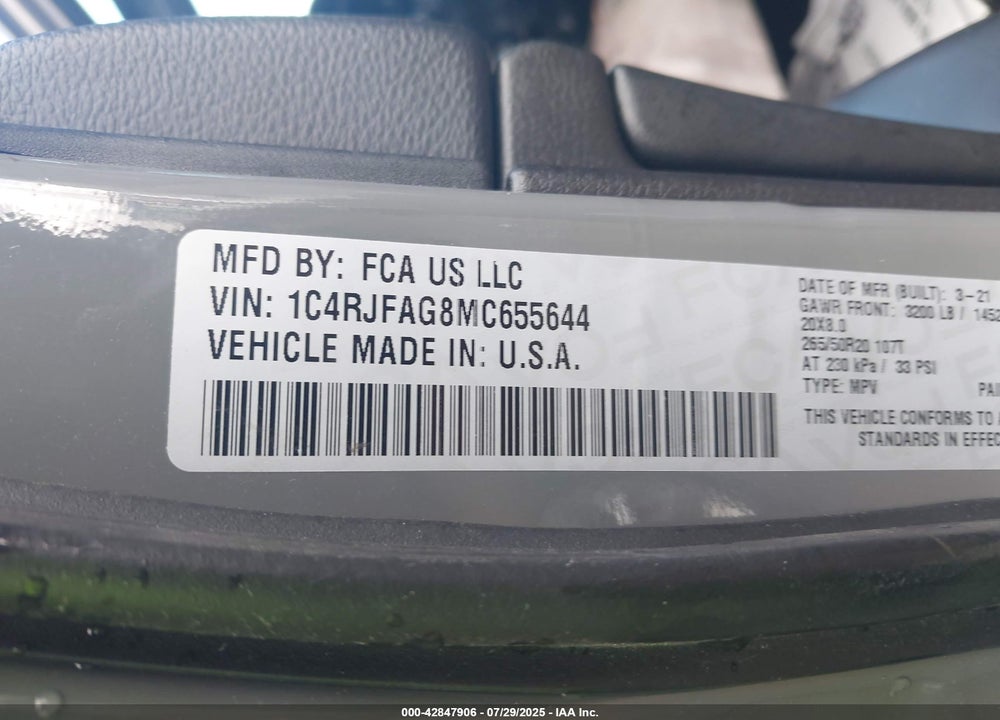 2021 JEEP GRAND CHEROKEE VIN: 1C4RJFAG8MC655644