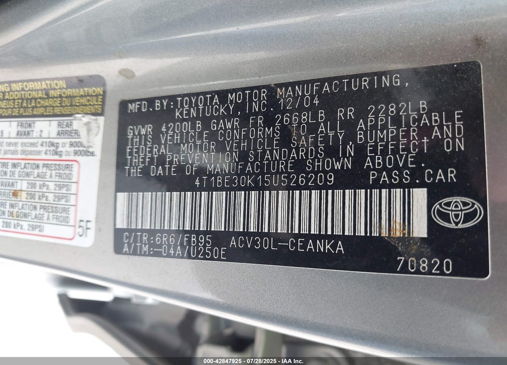 2005 TOYOTA CAMRY LE VIN: 4T1BE30K15U526209