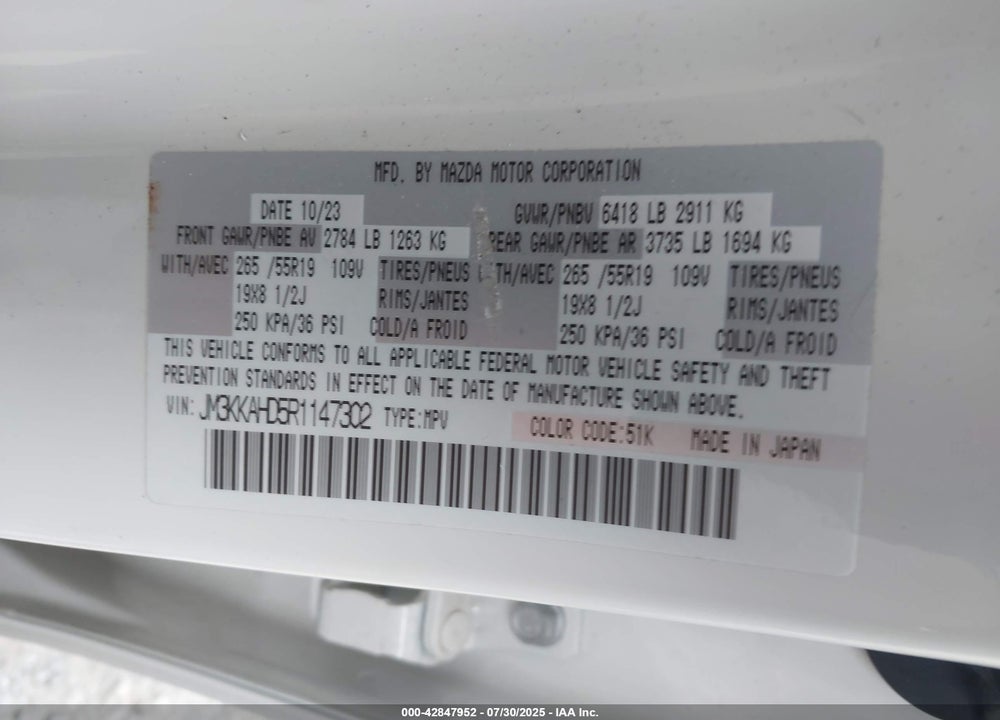 2024 MAZDA CX-90 VIN: JM3KKAHD5R1147302