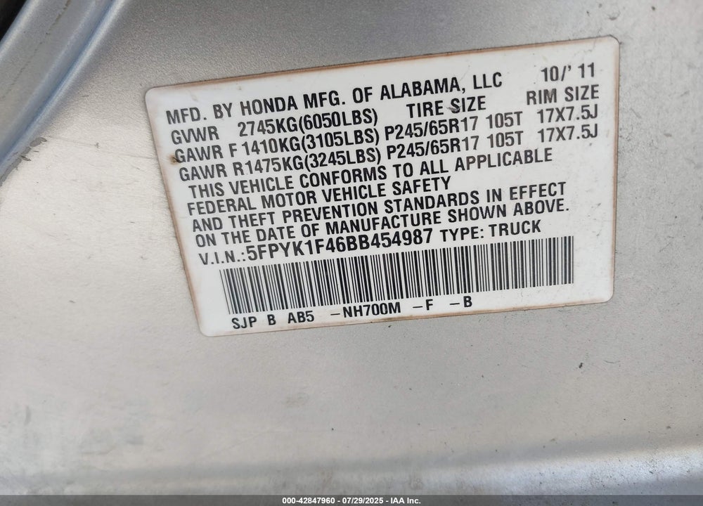 2011 HONDA RIDGELINE VIN: 5FPYK1F46BB454987