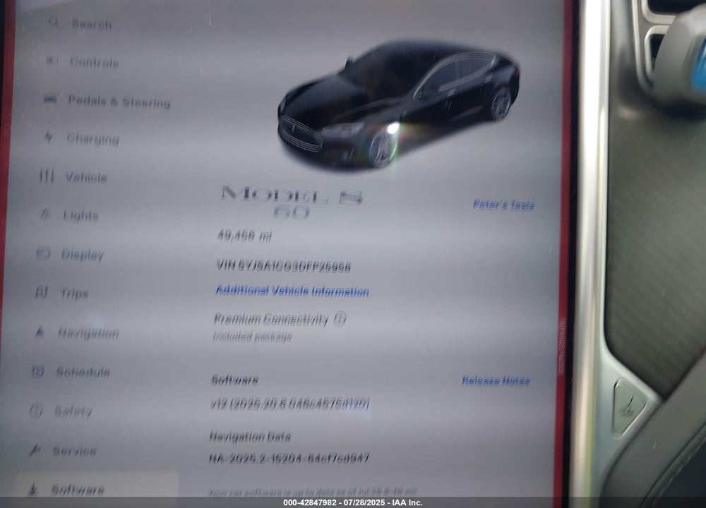 2013 TESLA MODEL S VIN: 5YJSA1CG3DFP25958