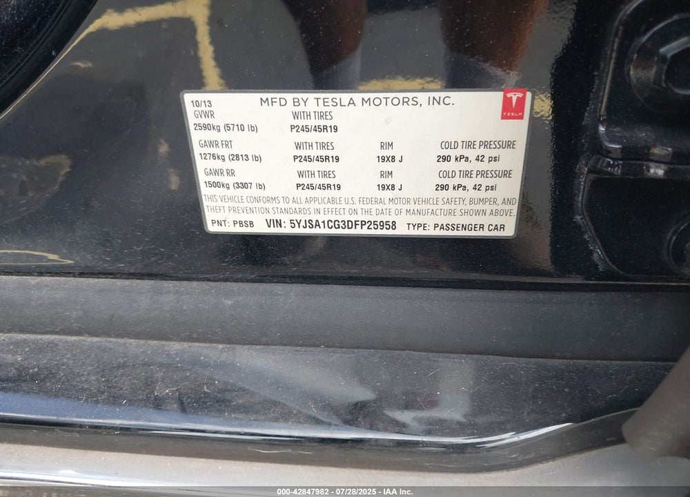 2013 TESLA MODEL S VIN: 5YJSA1CG3DFP25958
