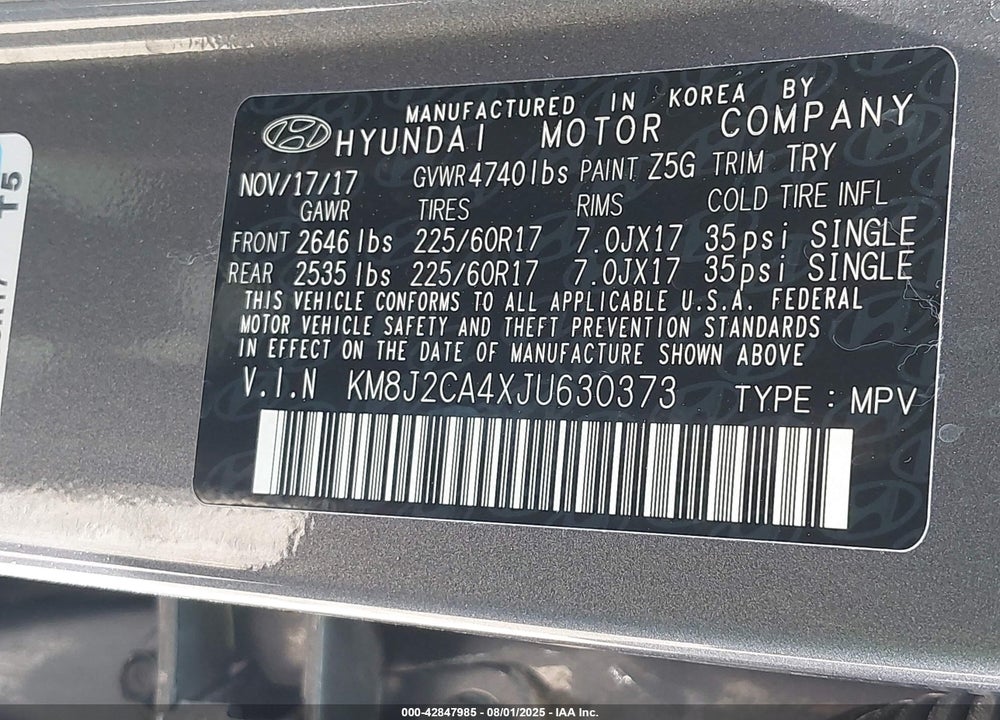 2018 HYUNDAI TUCSON SE VIN: KM8J2CA4XJU630373