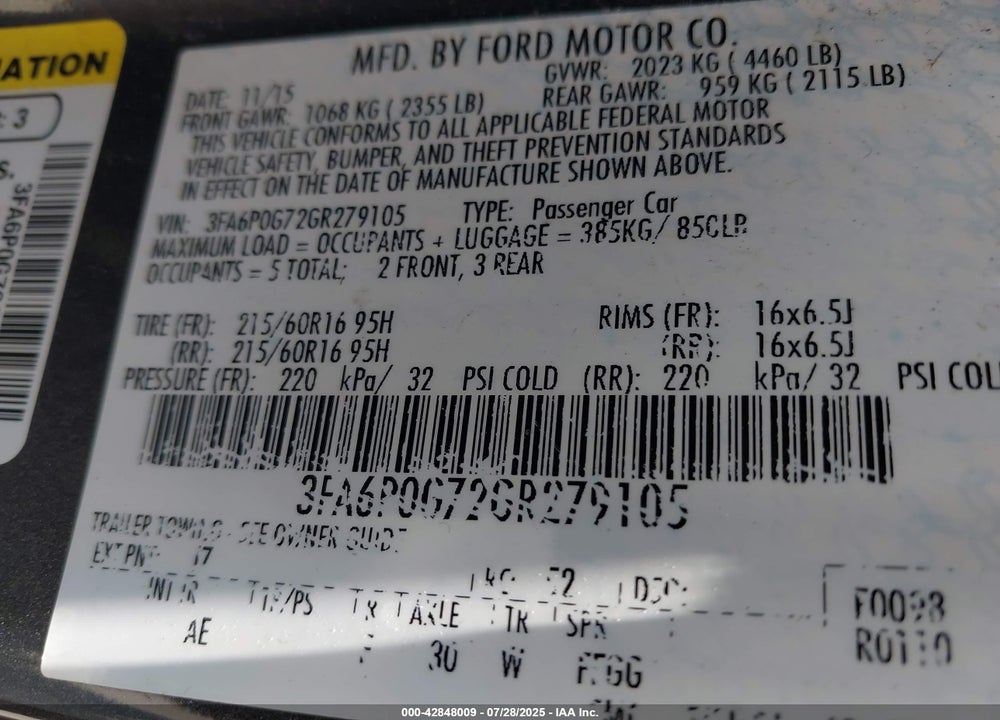 2016 FORD FUSION VIN: 3FA6P0G72GR279105