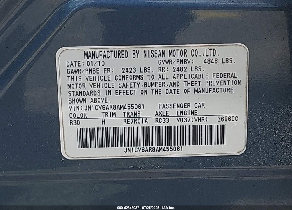 2010 INFINITI G37 VIN: JN1CV6AR8AM455061