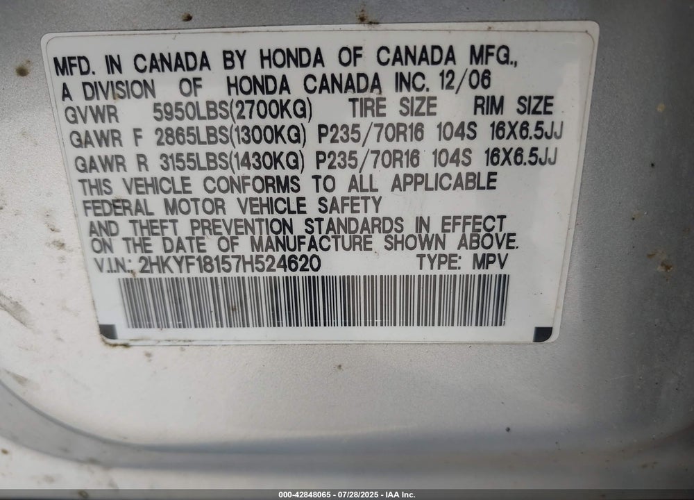 2007 HONDA PILOT VIN: 2HKYF18157H524620