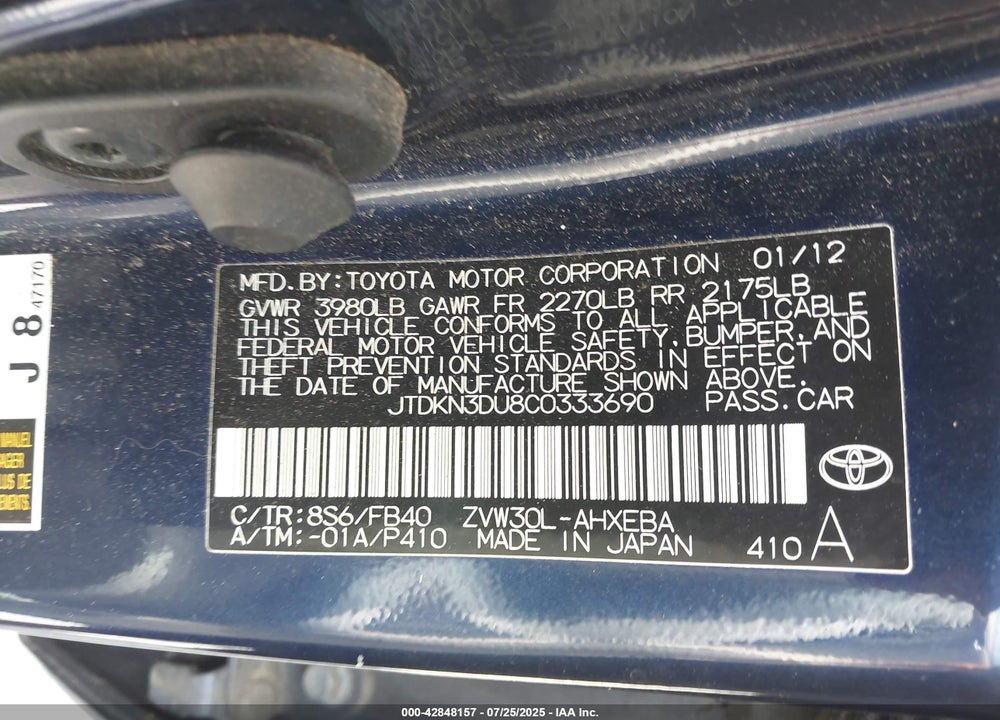 2012 TOYOTA PRIUS VIN: JTDKN3DU8C0333690