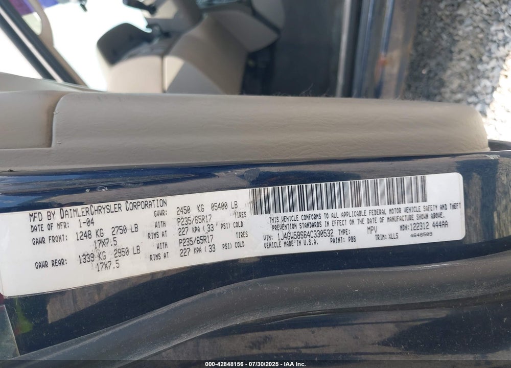 2004 JEEP GRAND CHEROKEE LIMITED VIN: 1J4GW58S64C330532