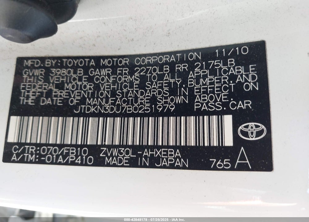 2011 TOYOTA PRIUS VIN: JTDKN3DU7B0251979
