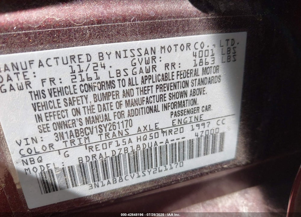 2025 NISSAN SENTRA VIN: 3N1AB8CV1SY261170