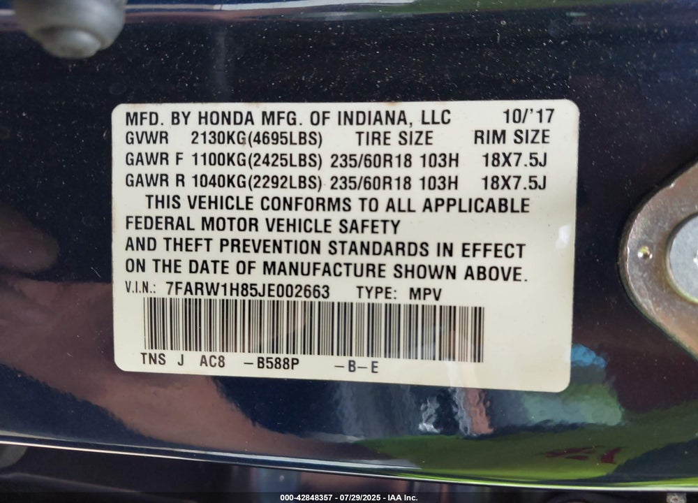 2018 HONDA CR-V VIN: 7FARW1H85JE002663
