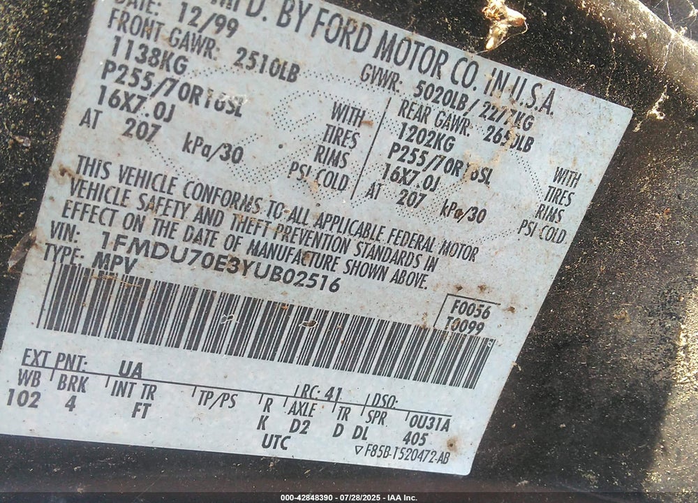 2000 FORD EXPLORER VIN: 1FMDU70E3YUB02516
