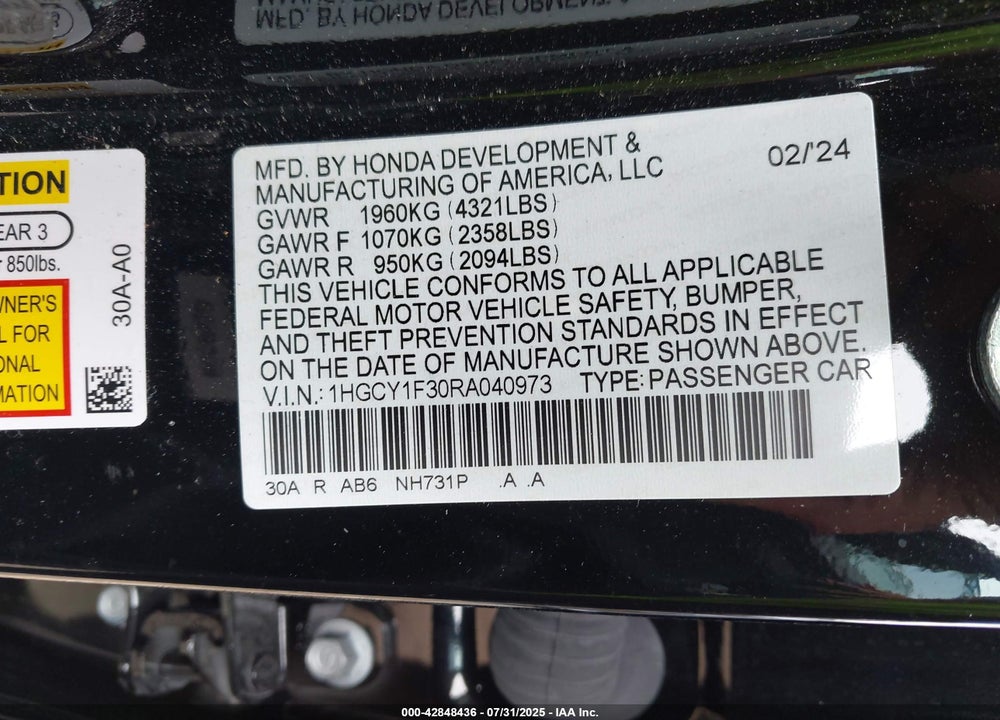 2024 HONDA ACCORD EX VIN: 1HGCY1F30RA040973