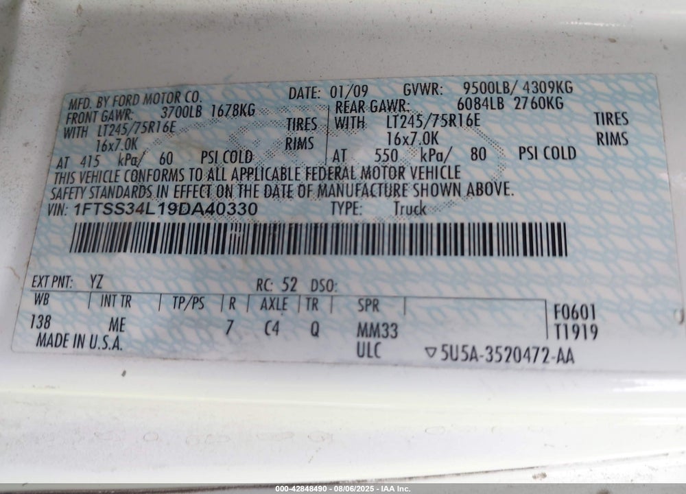 2009 FORD E-350 SUPER DUTY COMMERCIAL/RECREATIONAL VIN: 1FTSS34L19DA40330