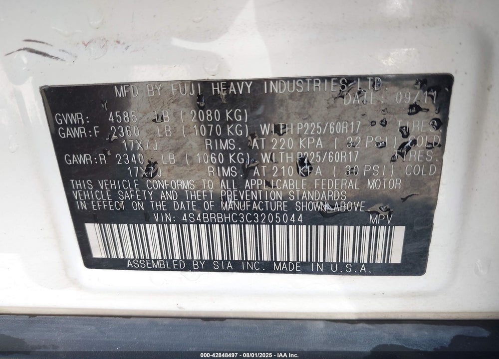 2012 SUBARU OUTBACK 2.5I PREMIUM VIN: 4S4BRBHC3C3205044