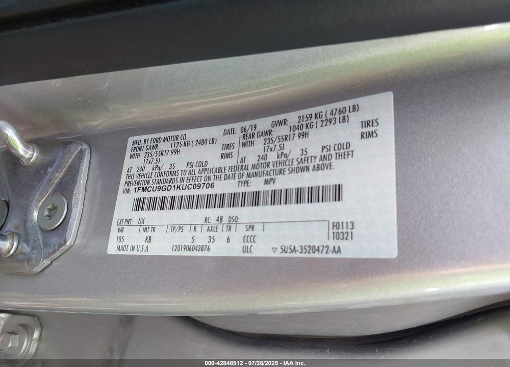 2019 FORD ESCAPE VIN: 1FMCU9GD1KUC09706