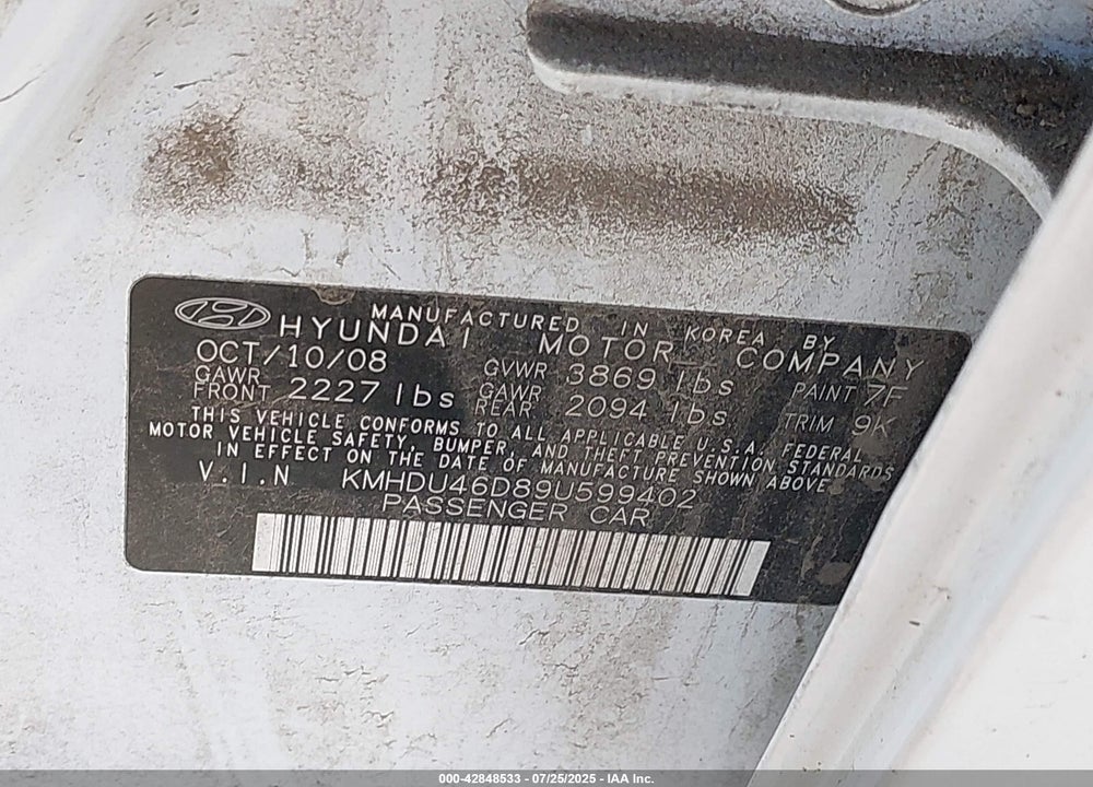2009 HYUNDAI ELANTRA VIN: KMHDU46D89U599402