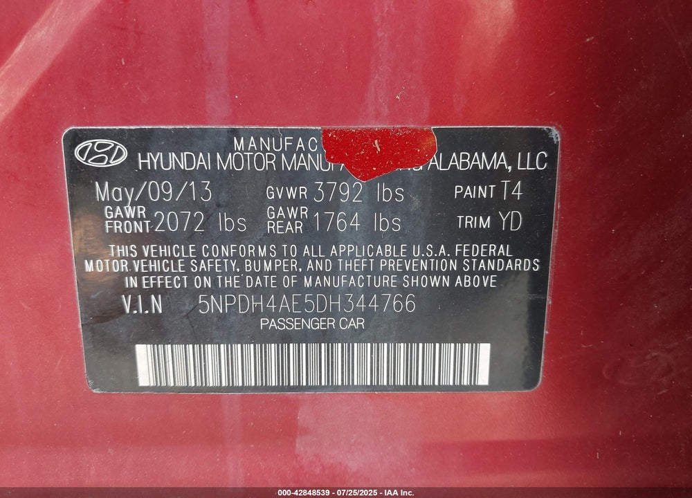2013 HYUNDAI ELANTRA VIN: 5NPDH4AE5DH344766