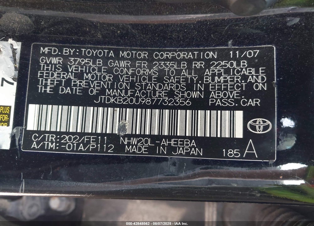 2008 TOYOTA PRIUS VIN: JTDKB20U987732356
