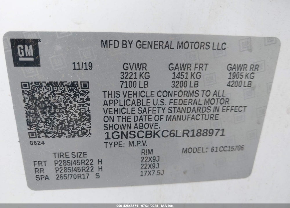 2020 CHEVROLET TAHOE VIN: 1GNSCBKC6LR188971