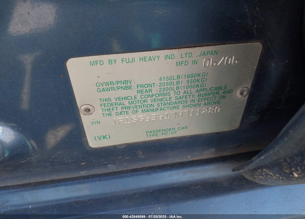 2007 SUBARU FORESTER VIN: JF1SG63617H711280