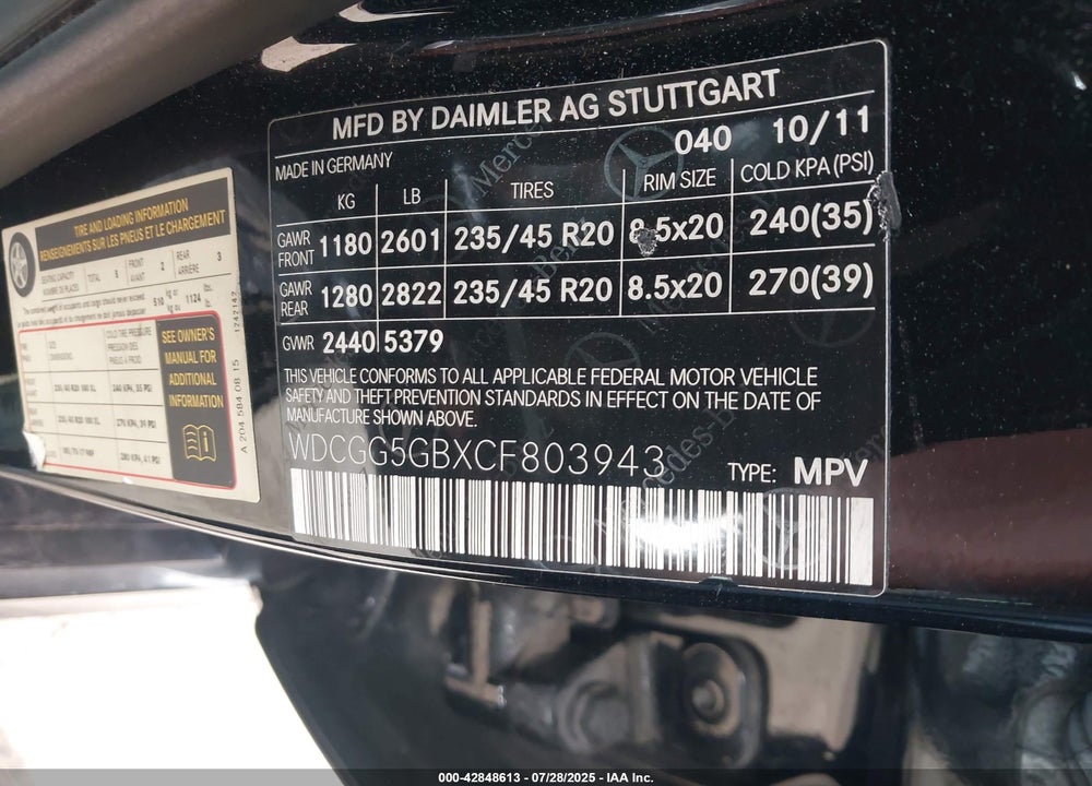2012 MERCEDES-BENZ GLK-CLASS VIN: WDCGG5GBXCF803943