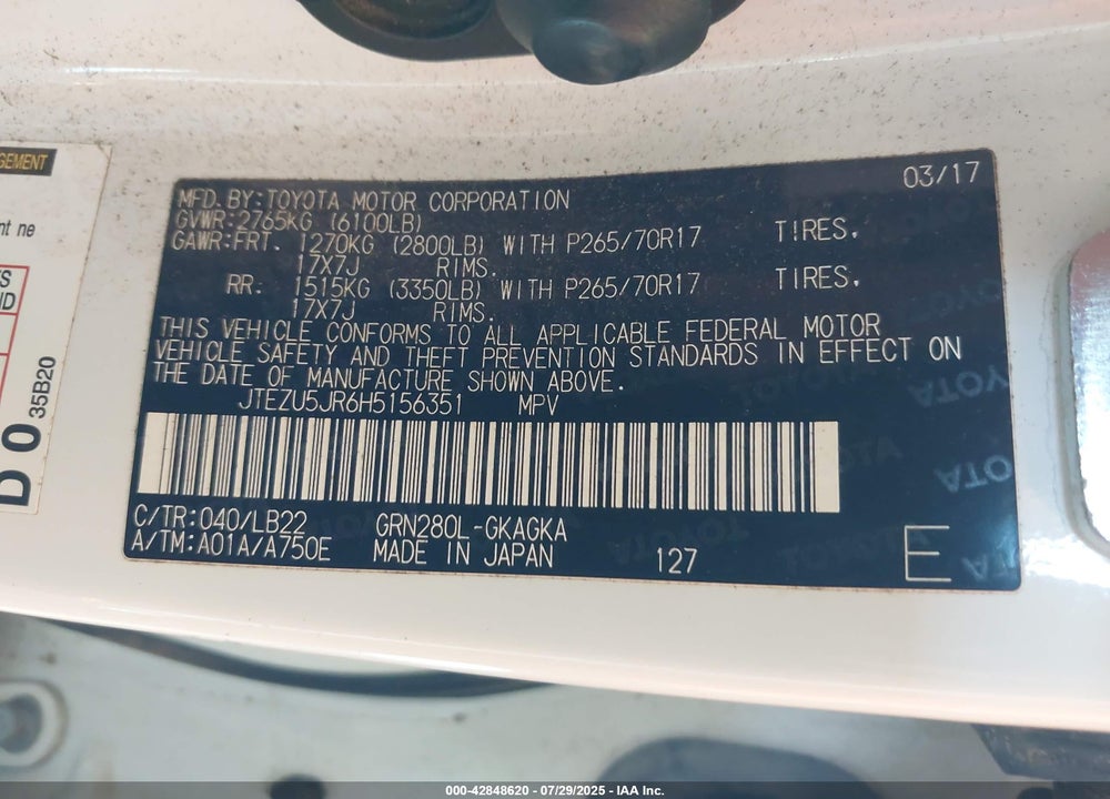 2017 TOYOTA 4RUNNER SR5 PREMIUM VIN: JTEZU5JR6H5156351
