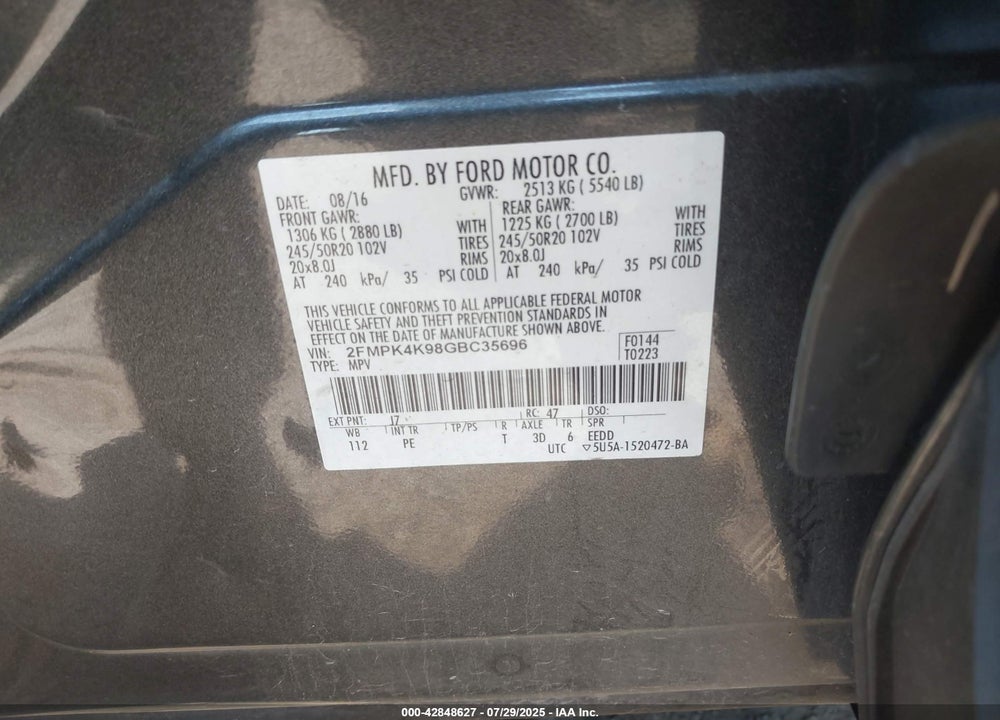 2016 FORD EDGE VIN: 2FMPK4K98GBC35696