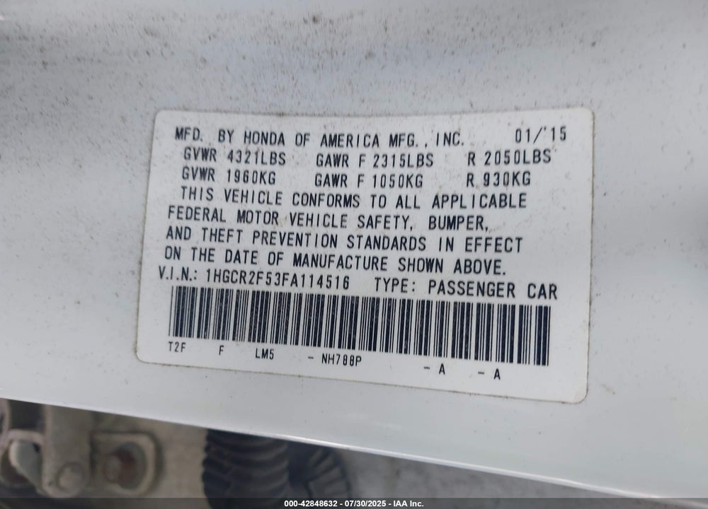 2015 HONDA ACCORD VIN: 1HGCR2F53FA114516