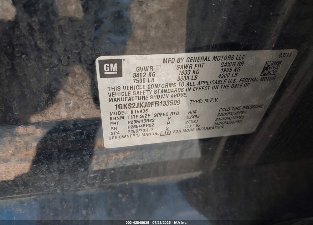 2015 GMC YUKON XL VIN: 1GKS2JKJ0FR133509