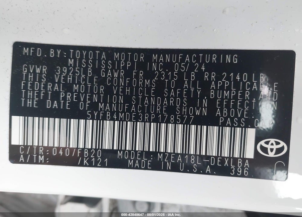 2024 TOYOTA COROLLA VIN: 5YFB4MDE3RP178577